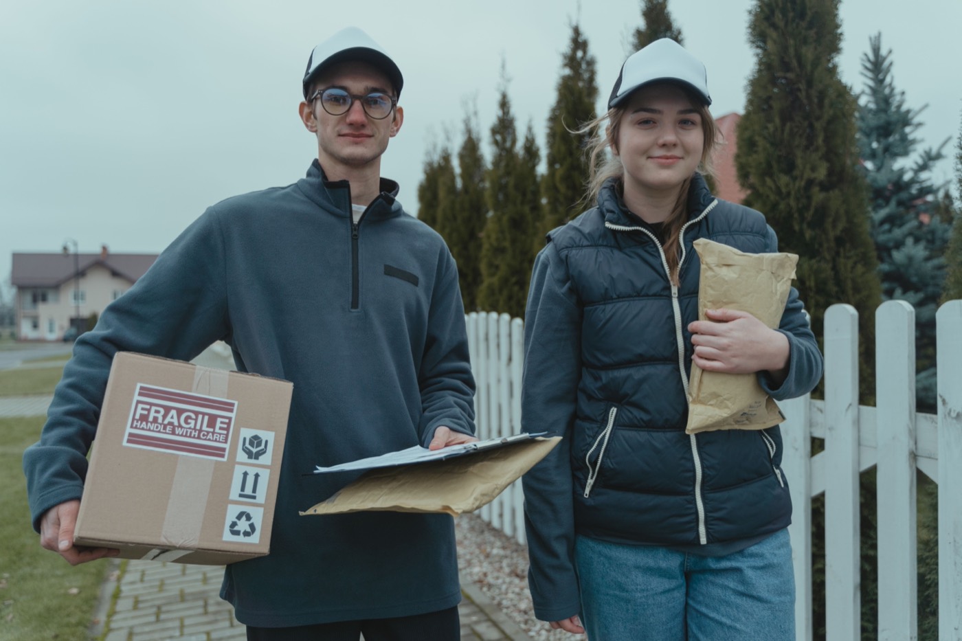 Two delivery workers carrying parcels together in a residential street setting.
